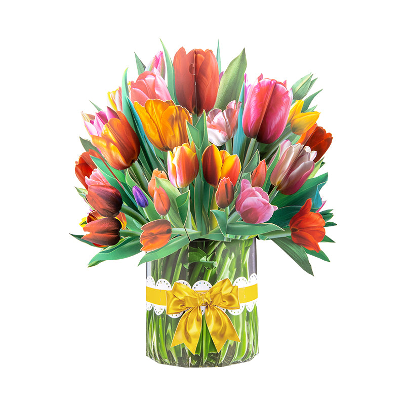 Colorful Tulip Bouquet with Ribbon Bow Design 3D Pop Up Card
