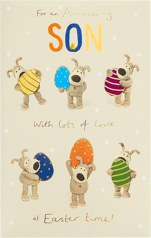 Boofles Holding Eggs Son Easter Card