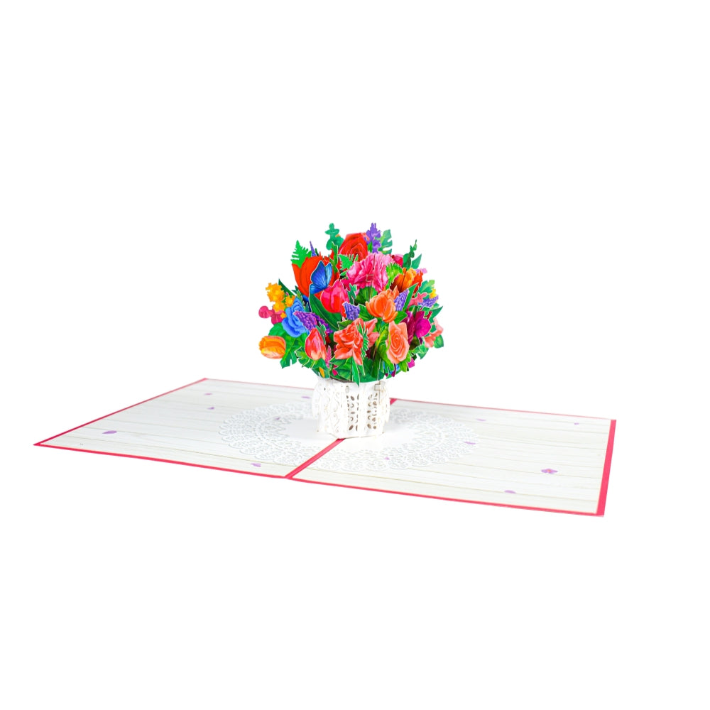 Roses Lace Bloom 3D Vase Bouquet Pop-Up Greeting Card - Mother's Day Congratulations Anniversary Birthday