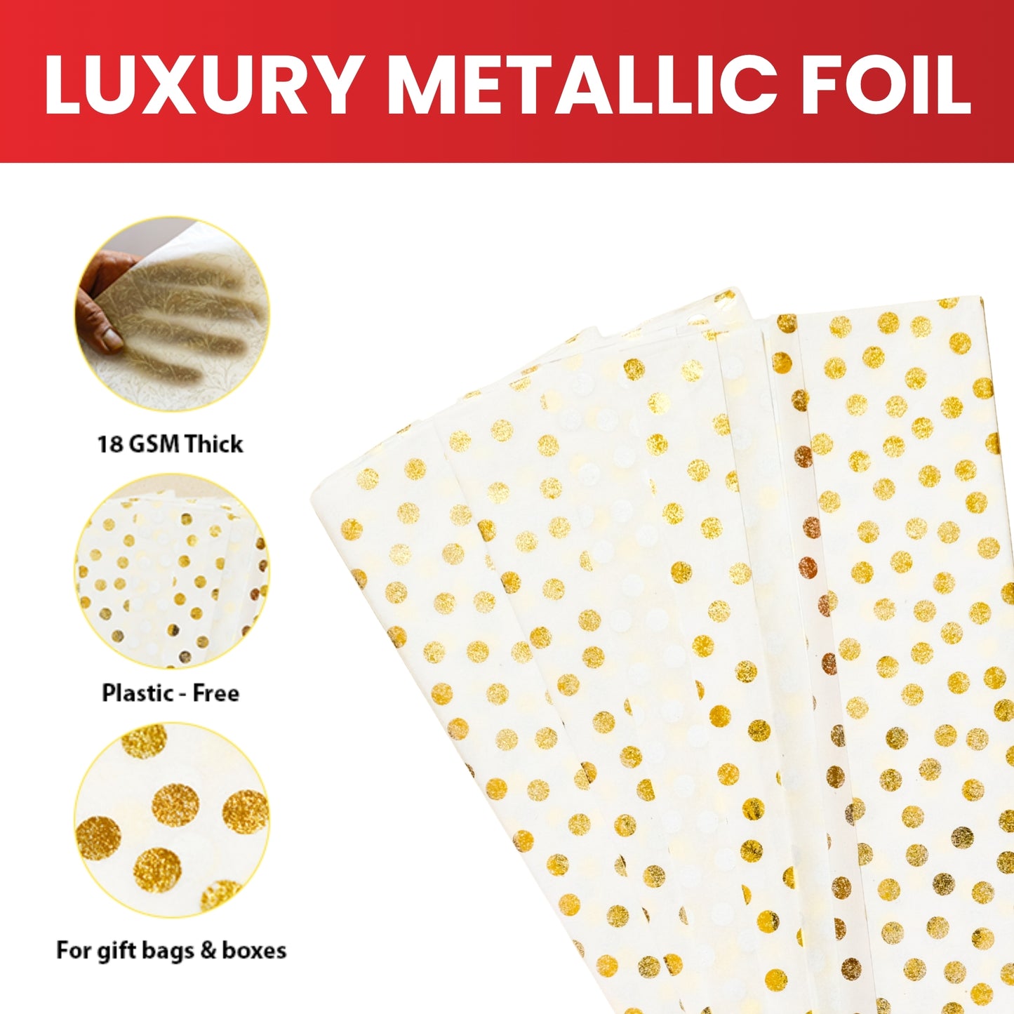 6 x Pack of 10 Polka Dots Luxury Gold Metallic Plastic-Free 18gsm Tissue Paper Sheets 50x70cm - Patterned Tissue Paper for Xmas, New Year, Party, Wedding, Birthday Packing Present Gift Box DIY Art Crafts