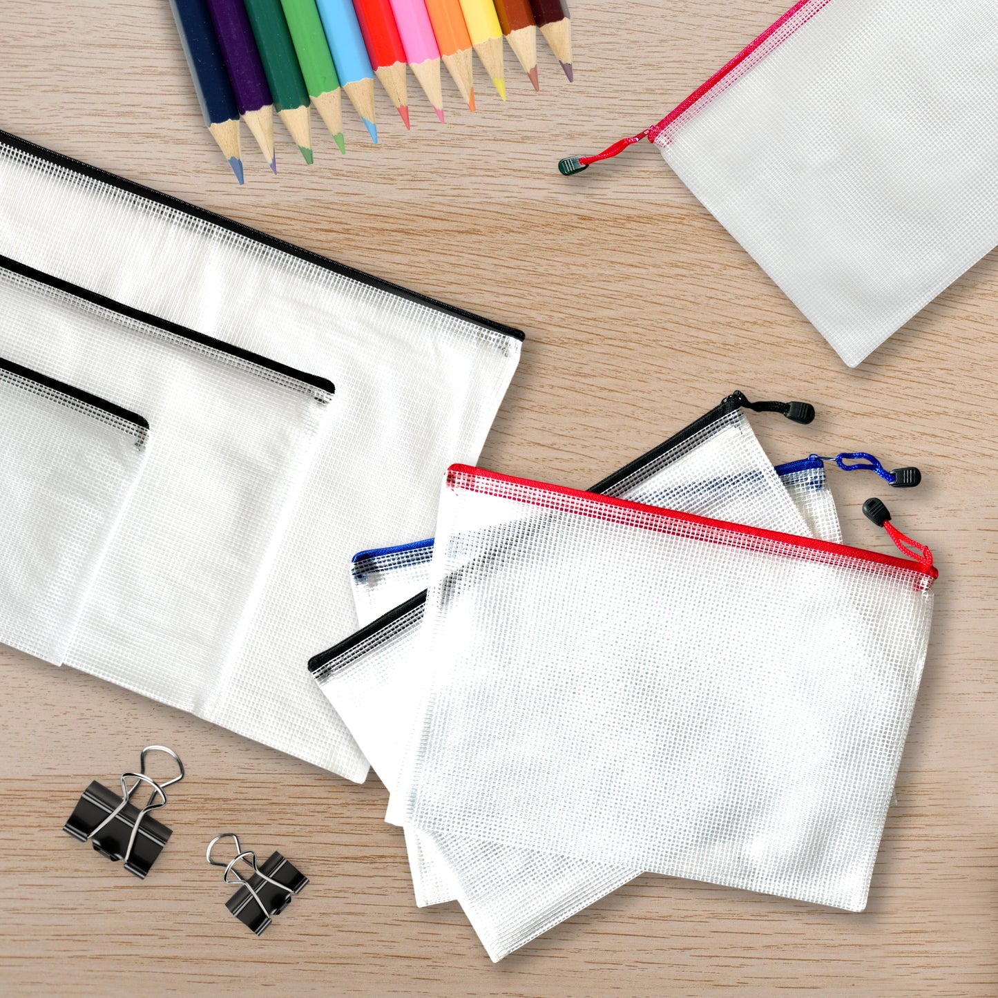 Pack of 3 Black Zip Assorted Sizes Strong Mesh Bags - A3, A4, A5 - Tough Waterproof Storage