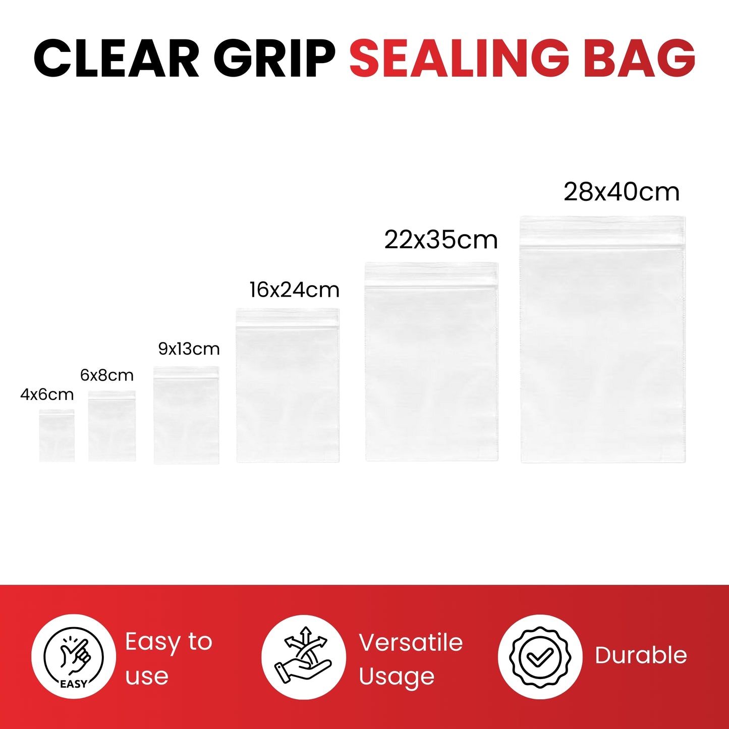 Pack of 100 Clear Grip-Sealing Zip Bags 28x40cm 0.08mm PE Food-Grade Poly Bags