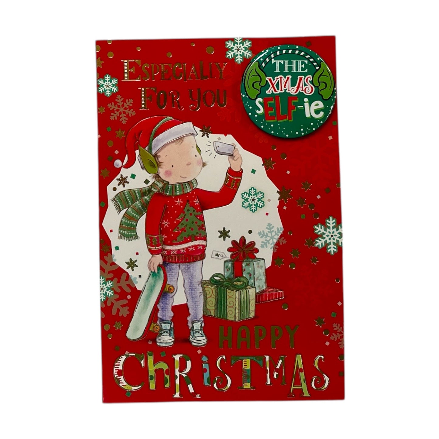 The Selfie Elfie Design Especially For You Male Christmas Card with Badge