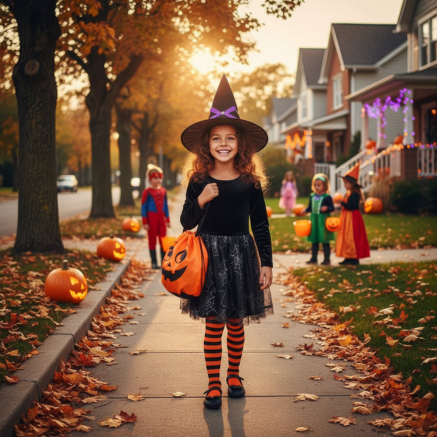 Pack of 12 Orange Pumpkin Halloween Bags with Drawstring