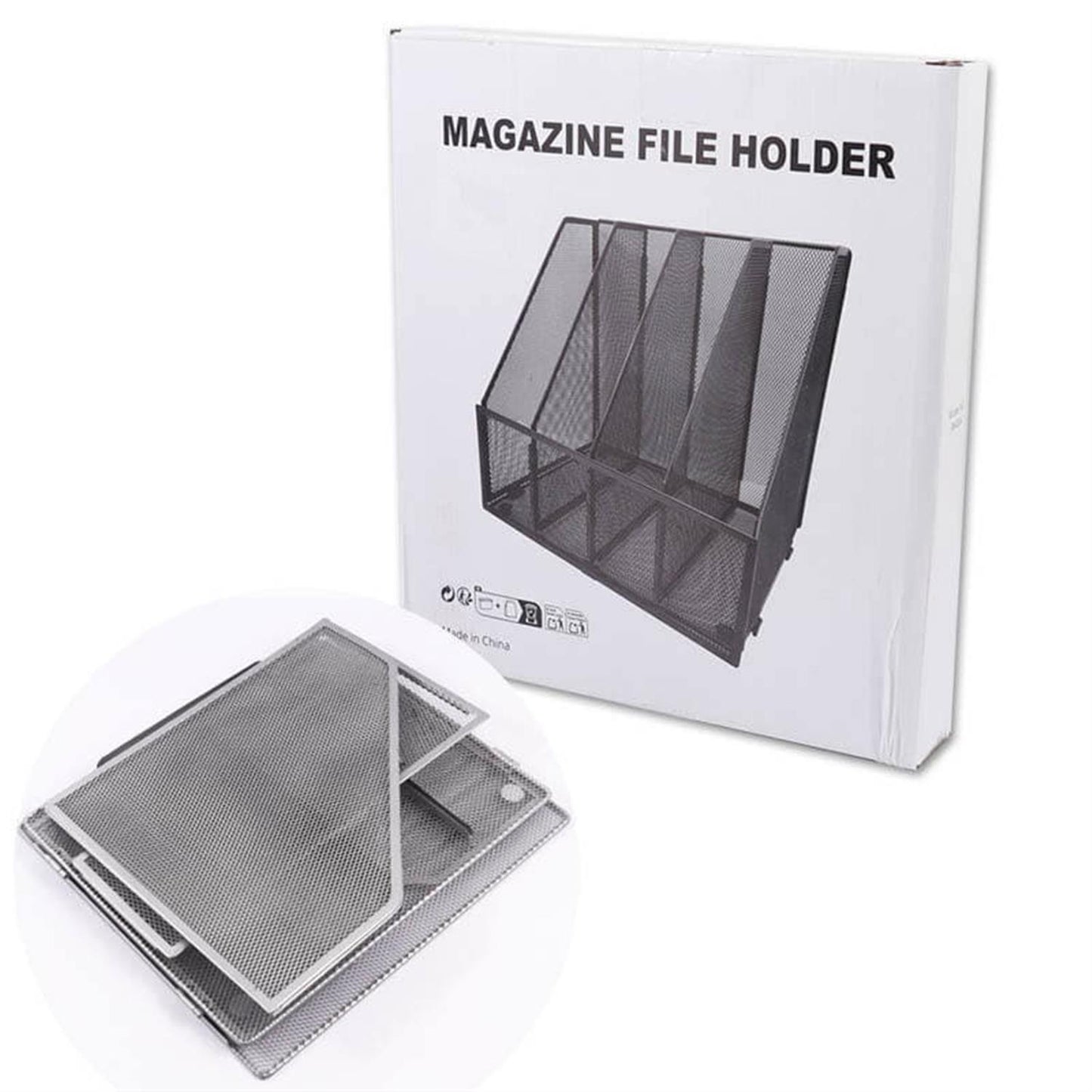 4 Compartments File Organizer Black Desktop Magazine Holder Rack 31.5 x 26 x 29.5 cm