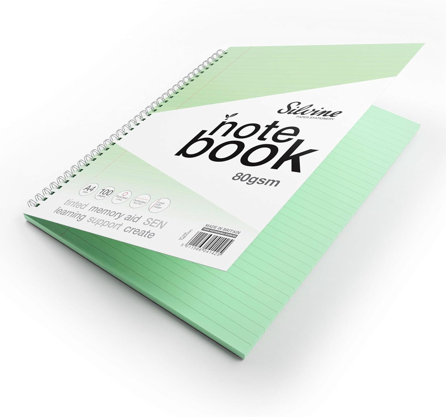 Pack of 3 A4+ 100 Pages Twin Wire SEN Green Paper Dyslexia Notebooks - Lined with Margin