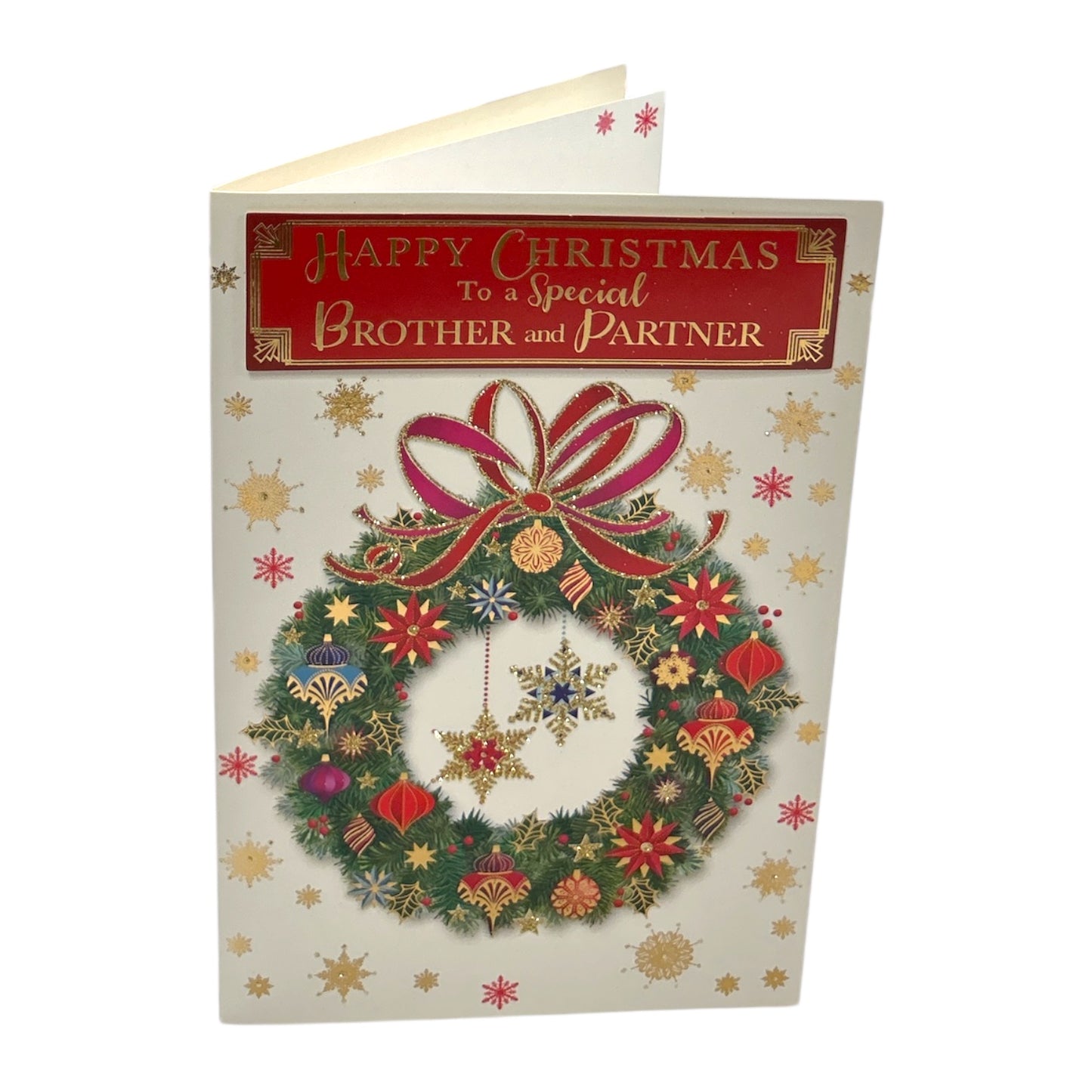 To a Special Brother and Partner Baubles Decorative Wreath Design Christmas Card