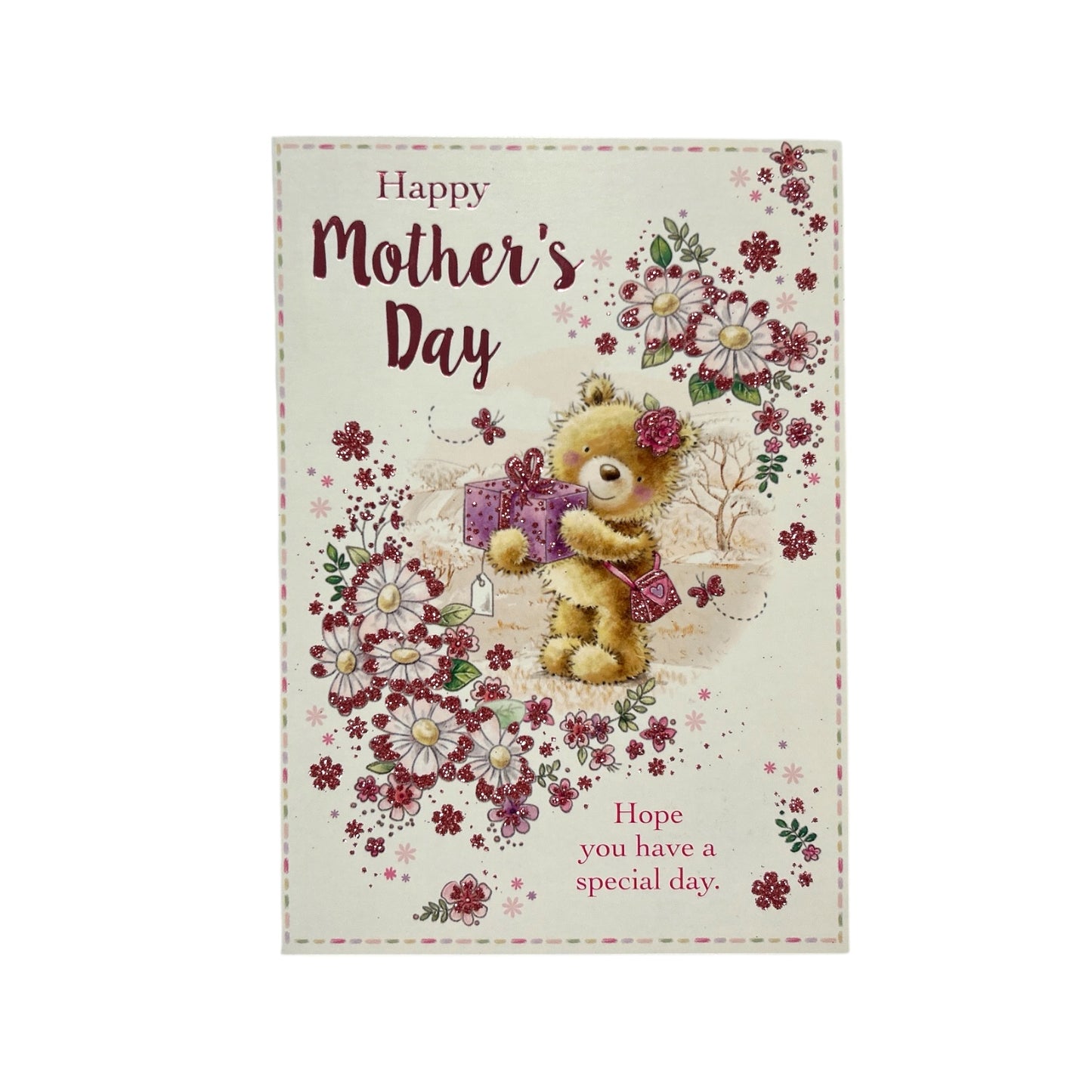 Teddy Wearing Flower and Holding Gift Mother's Day Card