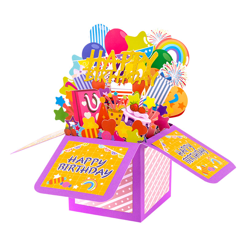 Rainbow Wishes 3D Pop Up Birthday Box Card - Fireworks Cake Balloons Surprise Gift Box