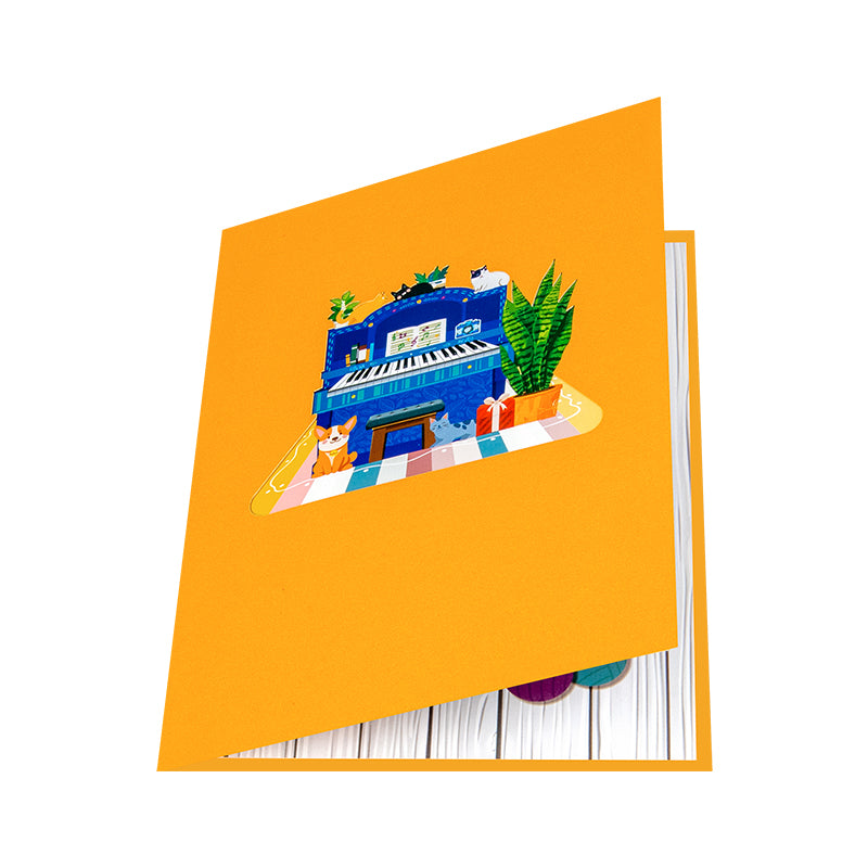 Piano & Cats Scene Whimsical 3D Pop Up Greeting Card