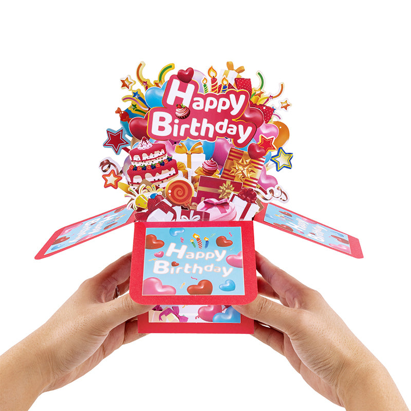 Heart Balloons Bright Red 3D Pop Up Birthday Box Card - Fireworks Cake Surprise Gift Box