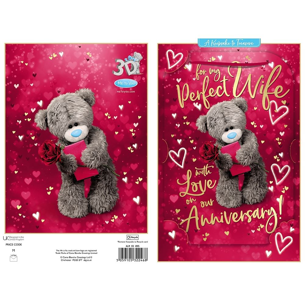 Bear With Rose And Envelope 3D Photo Finish Keepsake Wife Anniversary Card