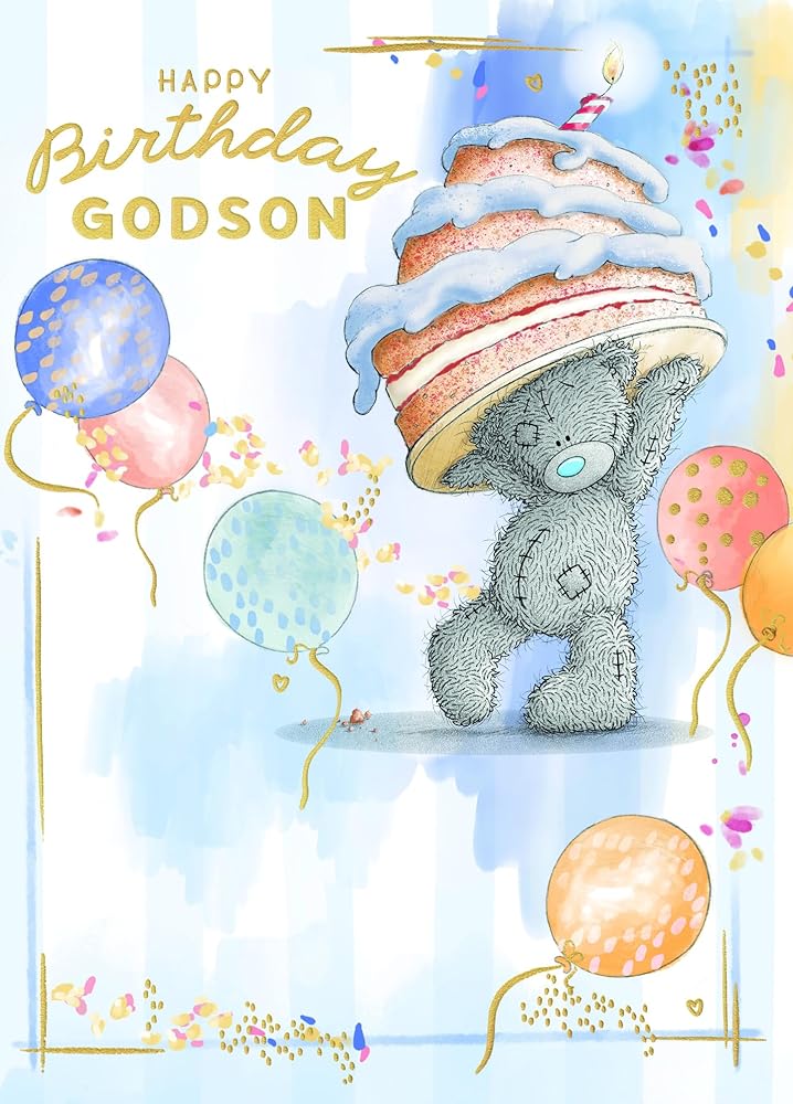Bear Carrying Cake Above Head Godson Birthday Card