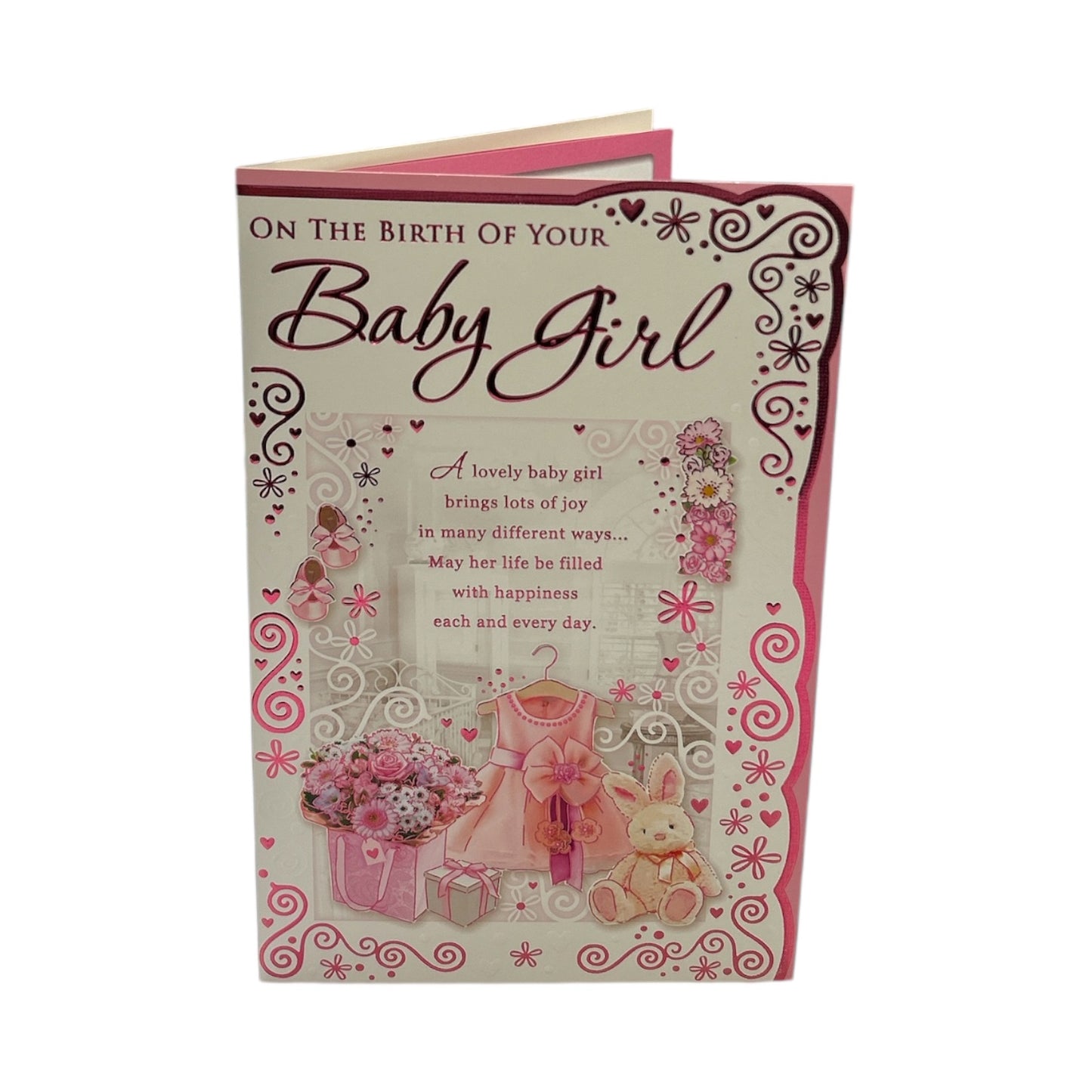 On The Birth Of Baby Girl Pink Dress And Teddy Design Opacity Congratulations Card