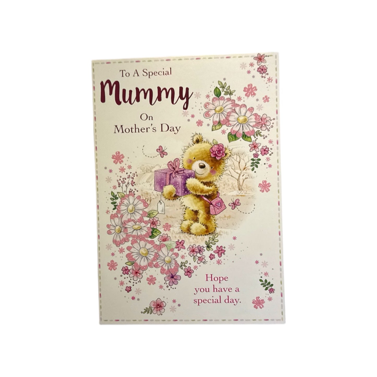 To A Special Mummy Teddy Wearing Flower and Holding Gift Design Mother's Day Card