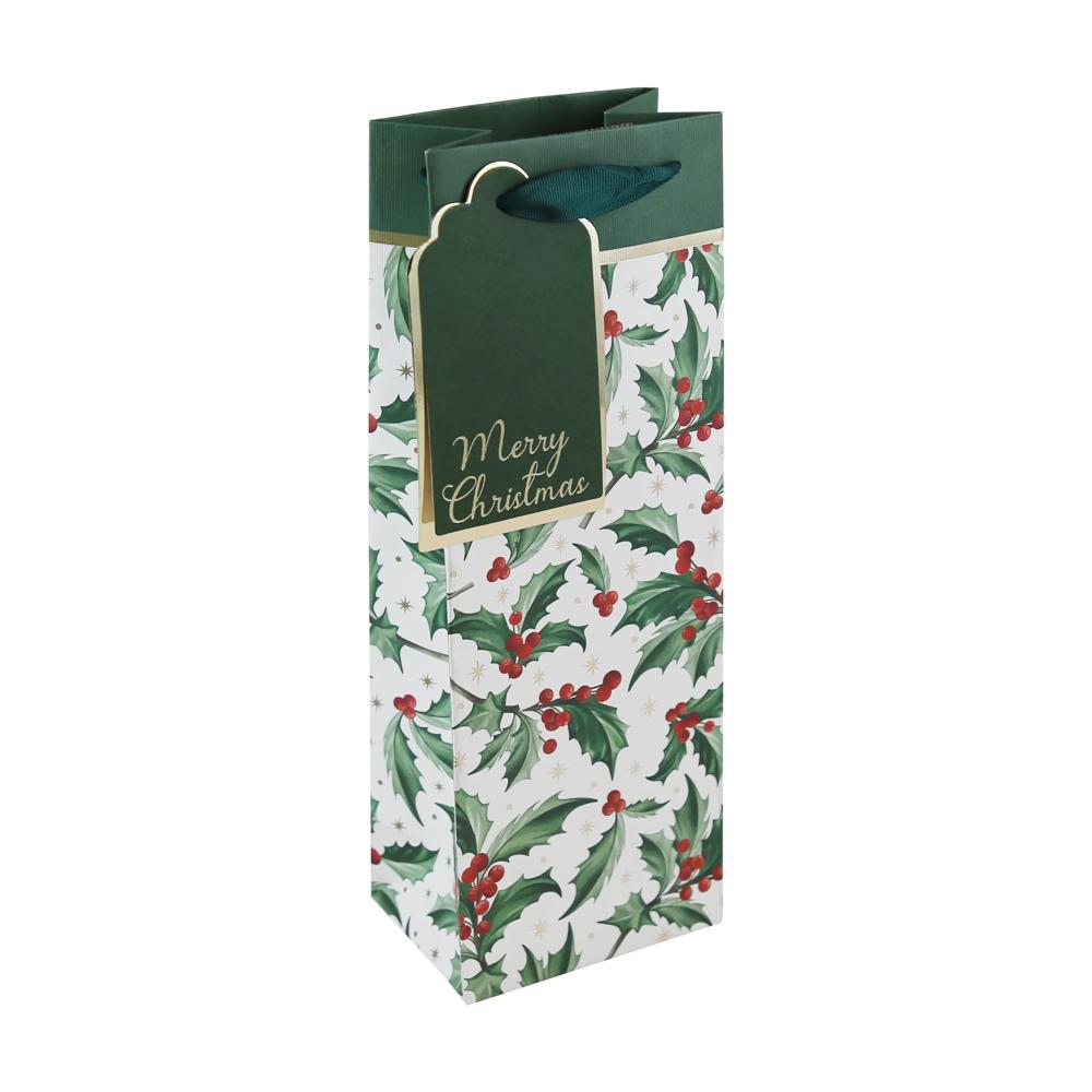 Holly Forest Green Christmas Bottle Gift Bag