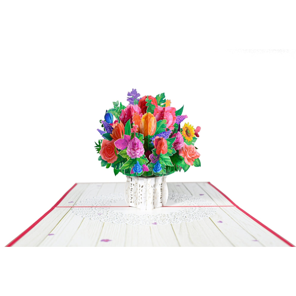 Roses Lace Bloom 3D Vase Bouquet Pop-Up Greeting Card - Mother's Day Congratulations Anniversary Birthday