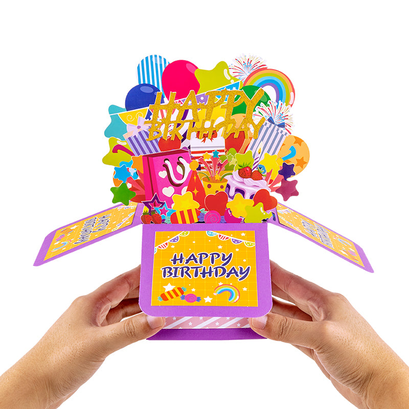 Rainbow Wishes 3D Pop Up Birthday Box Card - Fireworks Cake Balloons Surprise Gift Box