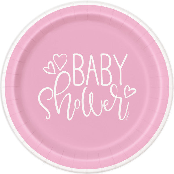 Pack of 8 Pink Hearts Baby Shower Round 9" Dinner Plates