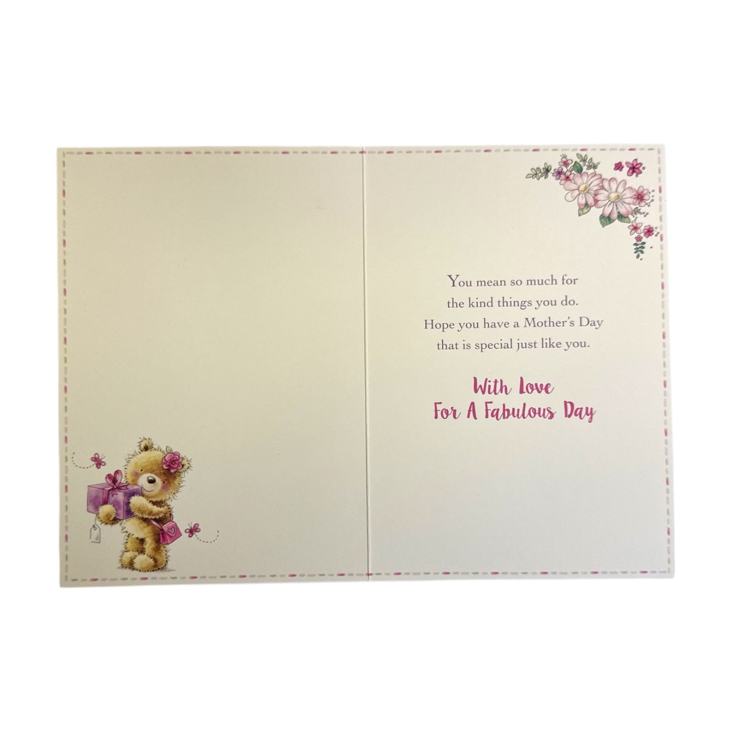 To A Special Mummy Teddy Wearing Flower and Holding Gift Design Mother's Day Card