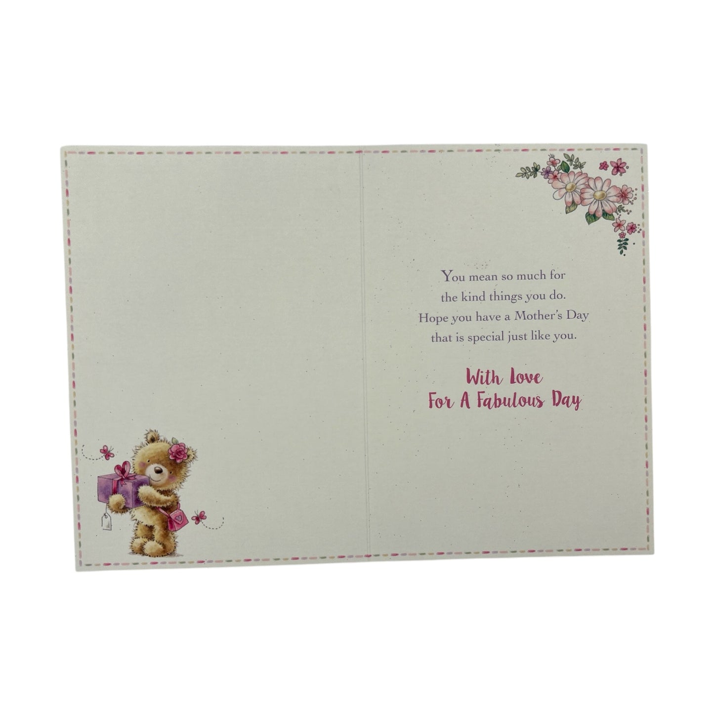 Teddy Wearing Flower and Holding Gift Mother's Day Card