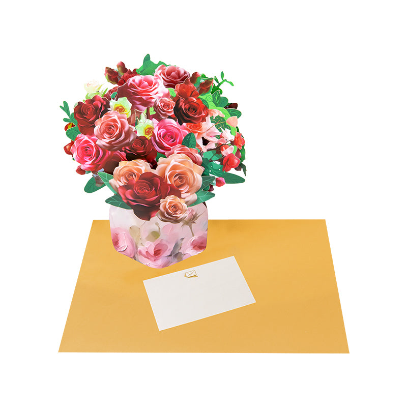 Blushing Blooms Rose Bouquet 3D Pop Up Vase Greeting Card