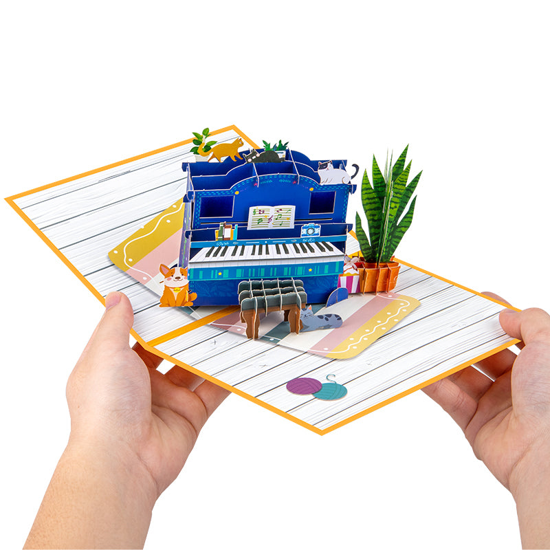 Piano & Cats Scene Whimsical 3D Pop Up Greeting Card