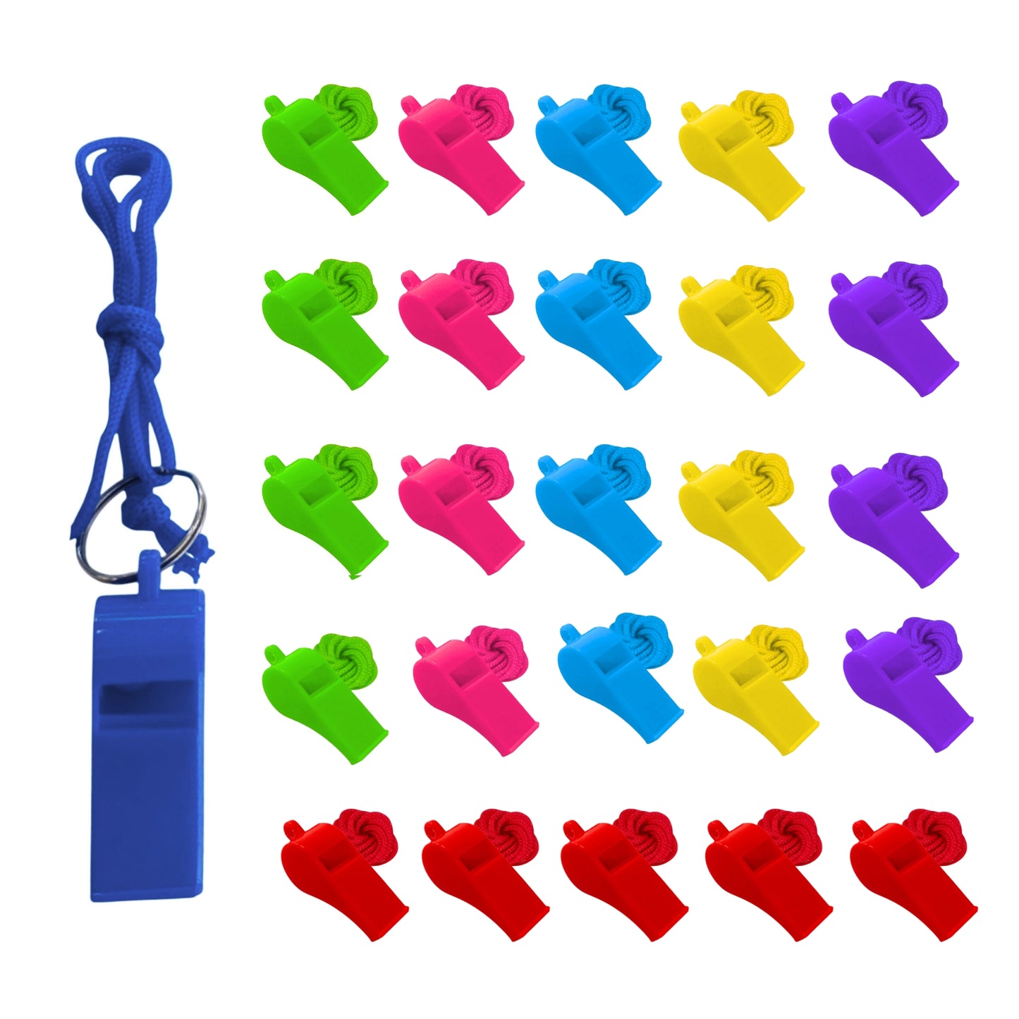 Bag of 10 Assorted Coloured Plastic Whistles with Lanyard Neck Cord
