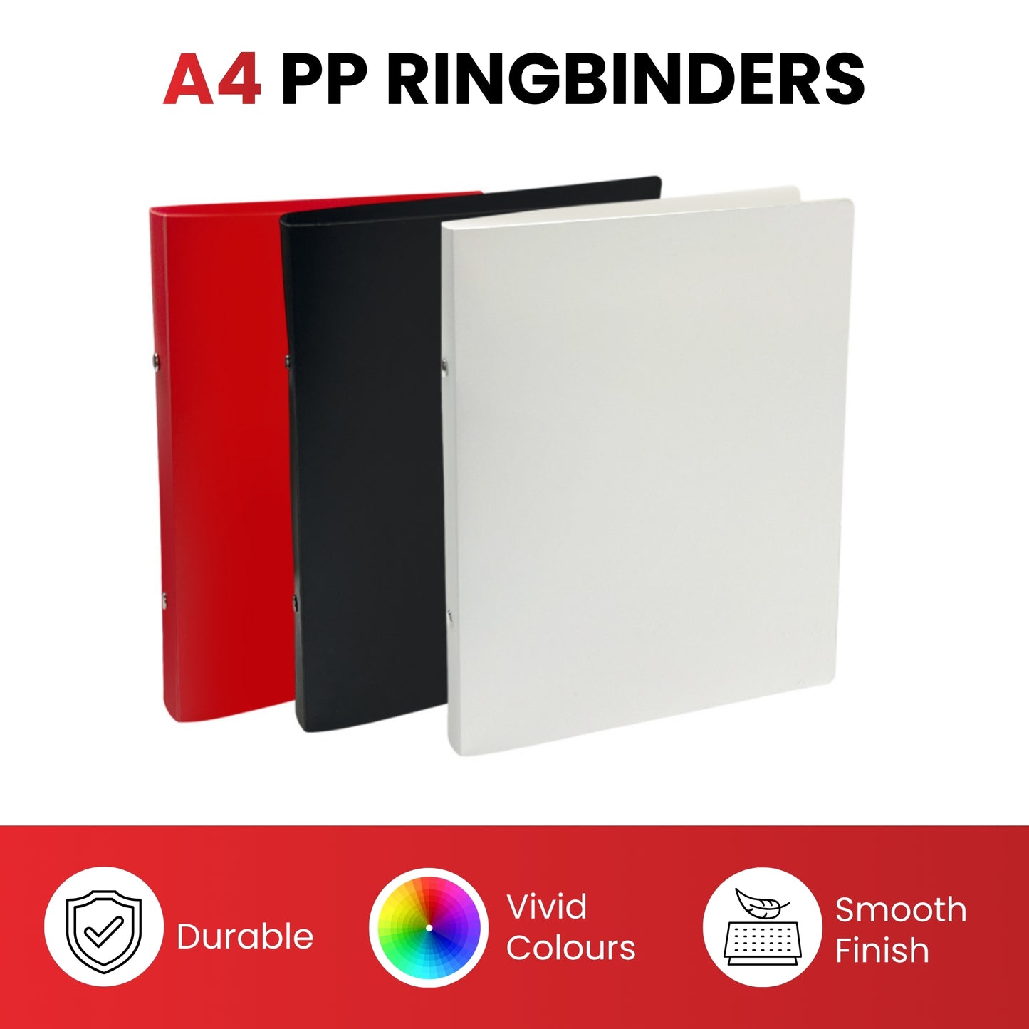 Pack of 3 A4 PP Ring Binders – 25mm Spine, 2 O-Ring Mechanism, 700 Micron Durable Cover – Red, White, Black