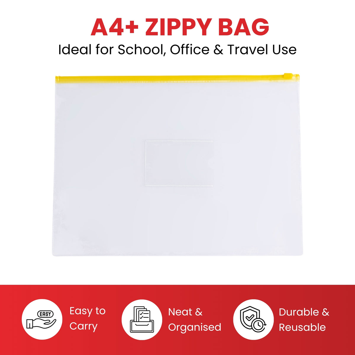 Pack of 12 A4+ Foolscap Clear Zippy Bags with Purple Zip