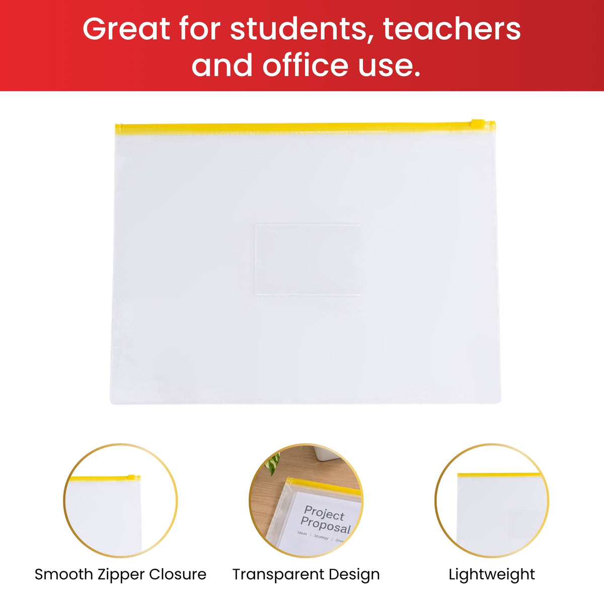 Pack of 12 A4+ Foolscap Clear Zippy Bags with Purple Zip