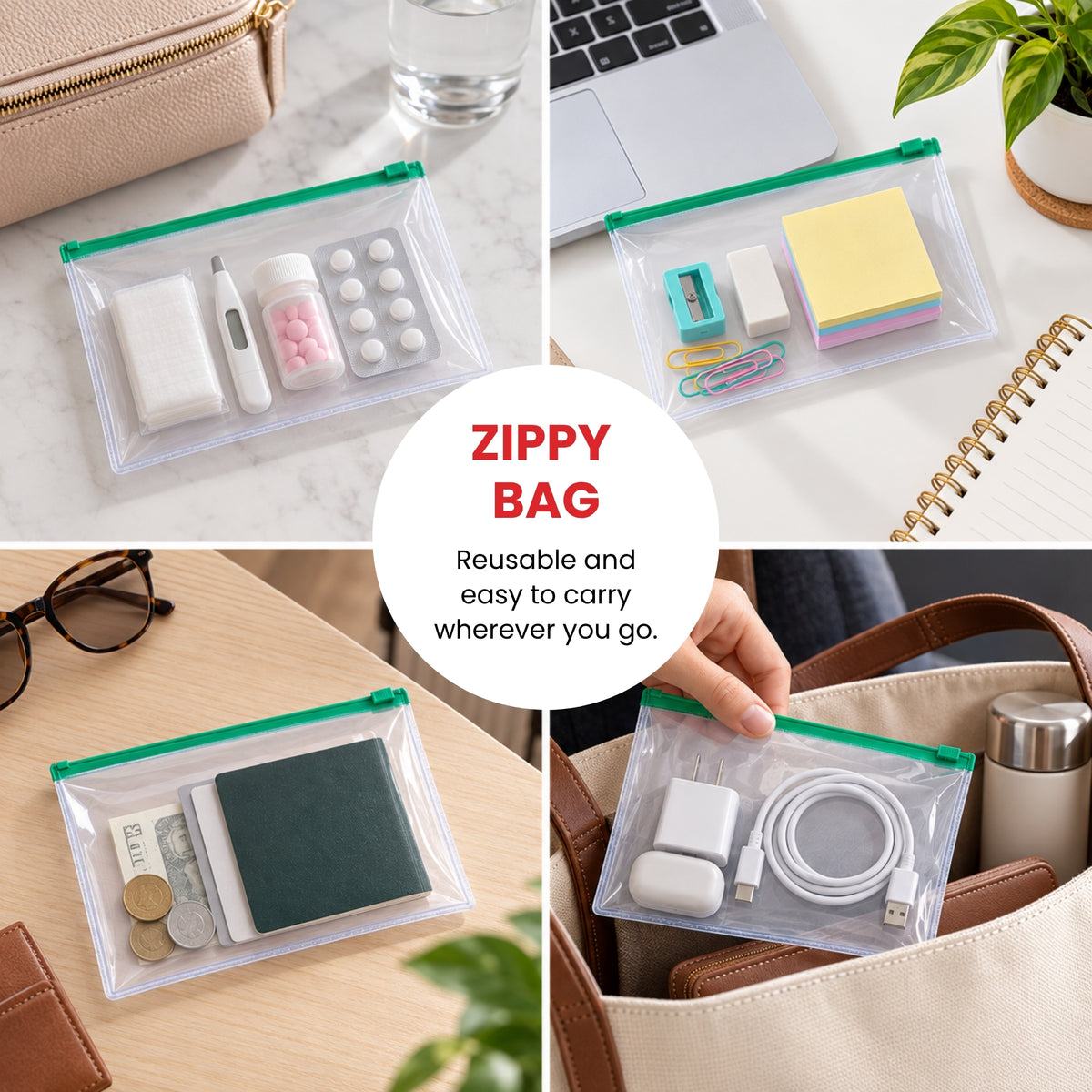 Pack of 12 A6 Clear Zippy Bags with Orange Zip