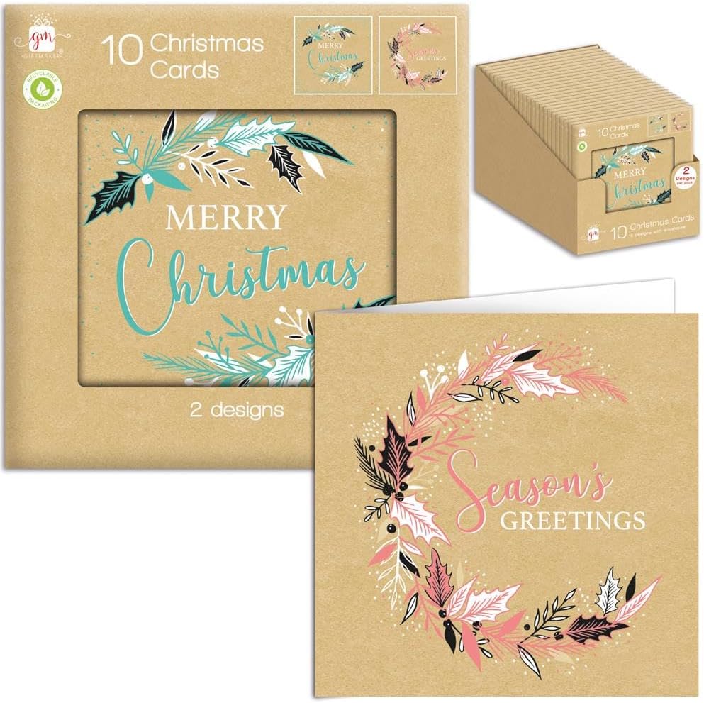 Pack of 10 Mini Kraft Foliage Design Christmas Cards