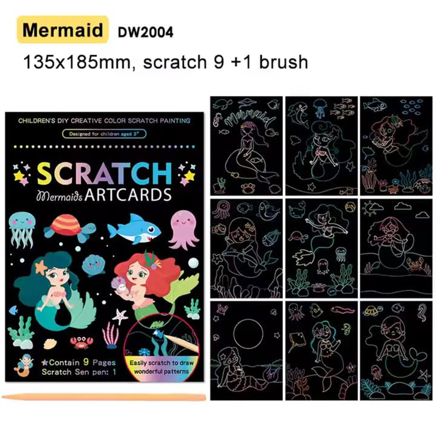 Mermaid Theme 9 Pages Art Creative Scratch Painting Book with Scratch Pen