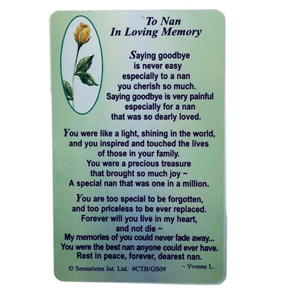 To Nan In Loving Memory...Wallet Card (Sentimental Keepsake Wallet / Purse Card)