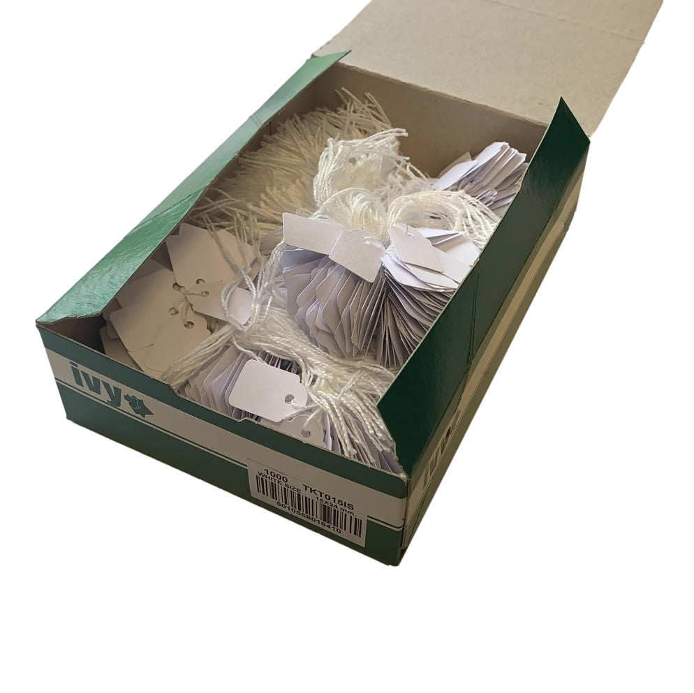 Pack of 1000 White 15x24mm Strung Tag Tickets
