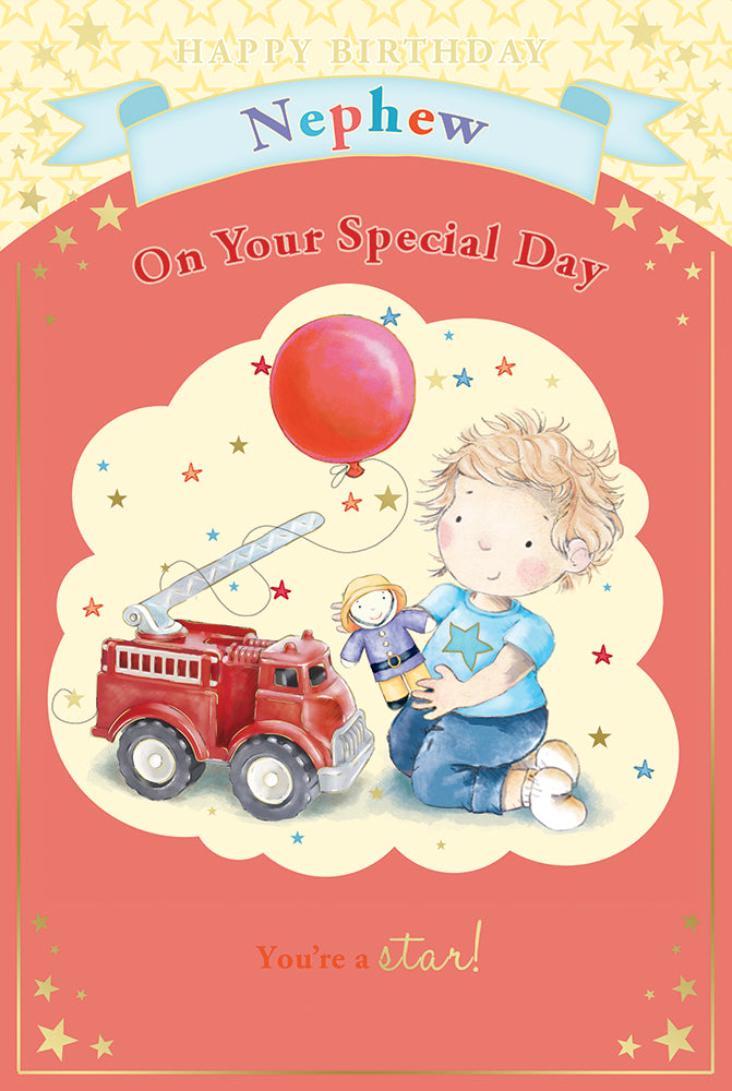 Little Boy, Red Balloon, Toy Fire Engine & Stars Nephew Birthday Card