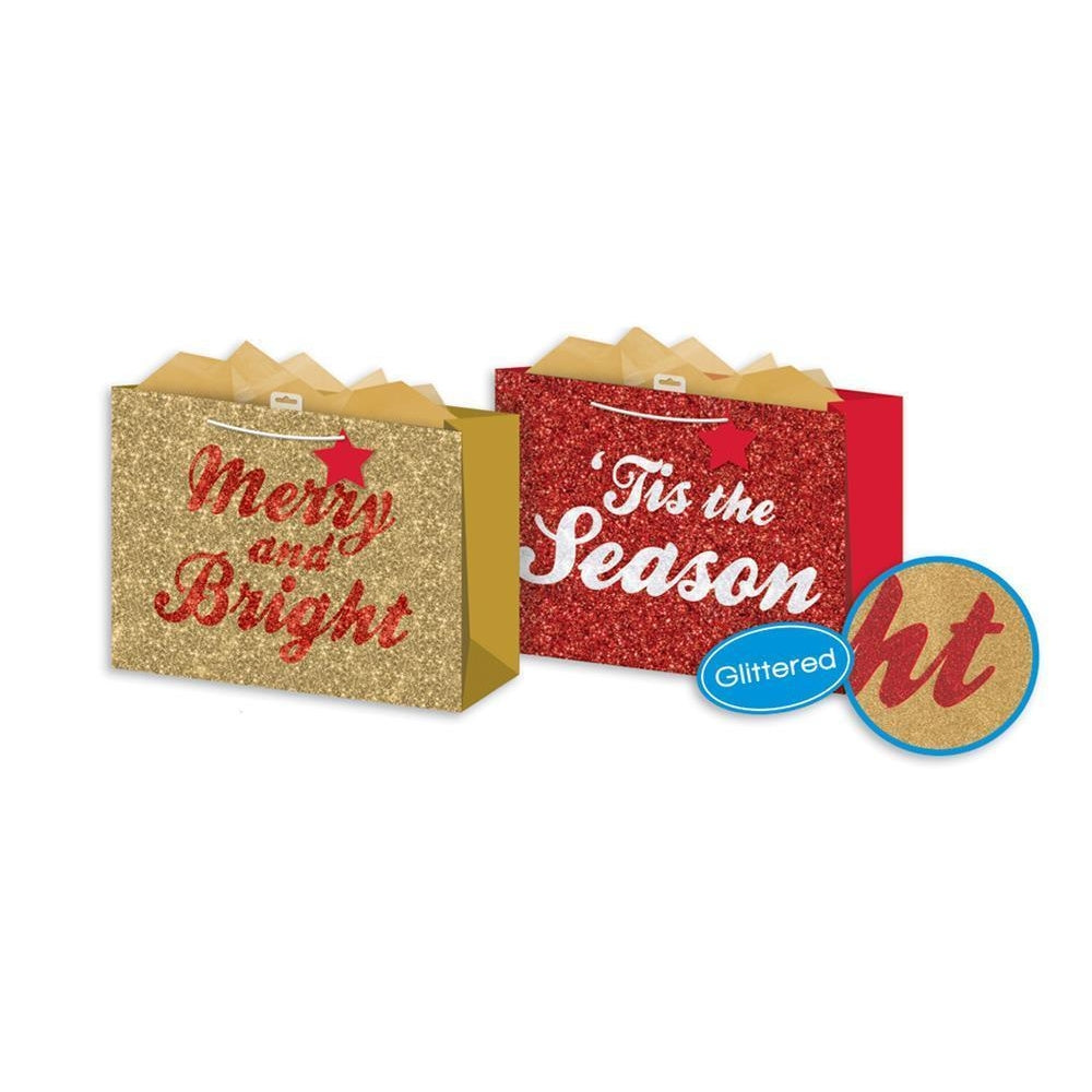 Pack of 12 Text Encapsulated Glitter Large Christmas Bag