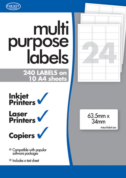 10 Sheets of Multipurpose Printer Labels TwentyFour/24 Per Sheet
