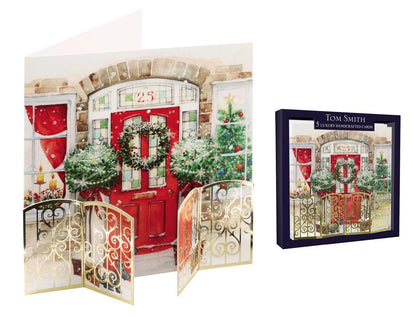 Pack of 5 Handcrafted Front Door Design Christmas Greeeting Cards