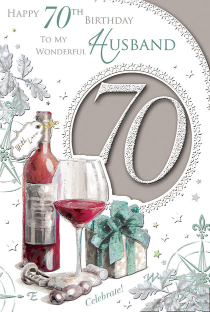 Happy 70th Birthday To My Wonderful Husband Wine Bottle Design Celebrity Style Card
