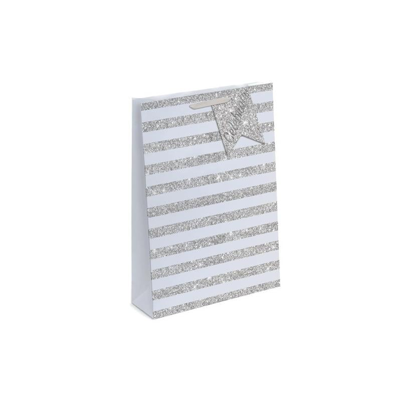 Celebrate Silver Stripe Glitter Design Medium Gift Bag