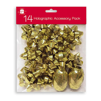 Pack of 14 Gold Holographic Christmas Accessory - Bows & Cops