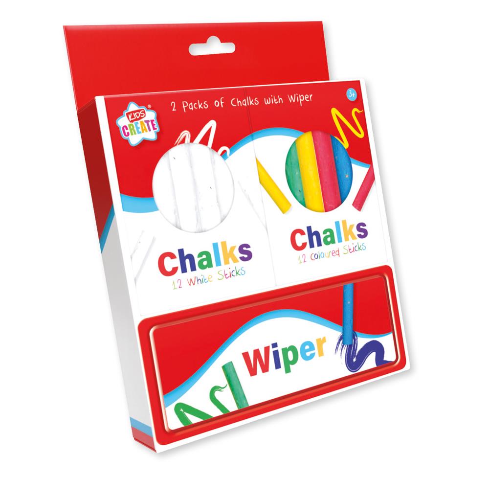 Pack of 12 White and 12 Colured Chalks With Wiper