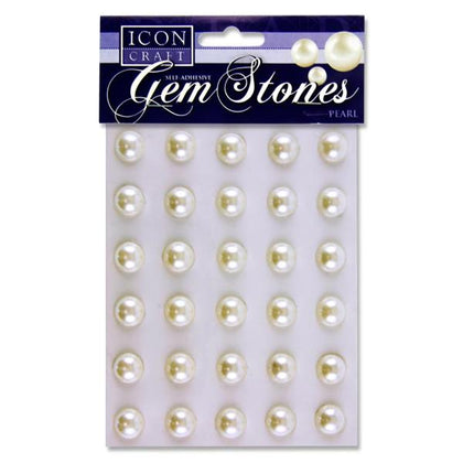 Pack of 30 Pearl White Self Adhesive 14mm Gem Stones by Icon Craft
