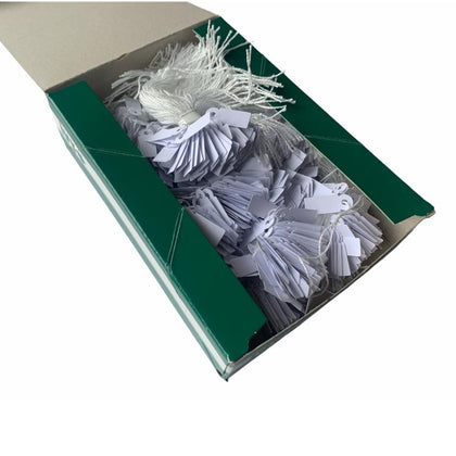 Box of 1000 Small White Jewellery Strung Tag Tickets 9x24mm