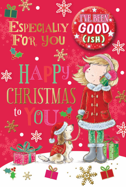 Especially For You Gold Foil Finished Open Christmas Card with Badge