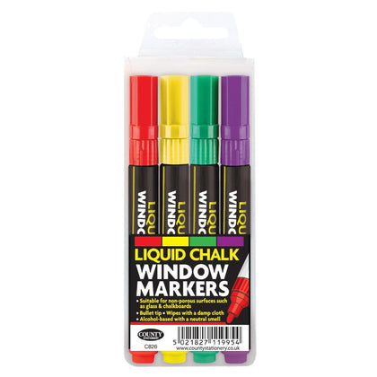 Pack of 4 Liquid Chalk Window Markers Assorted Colour Pen