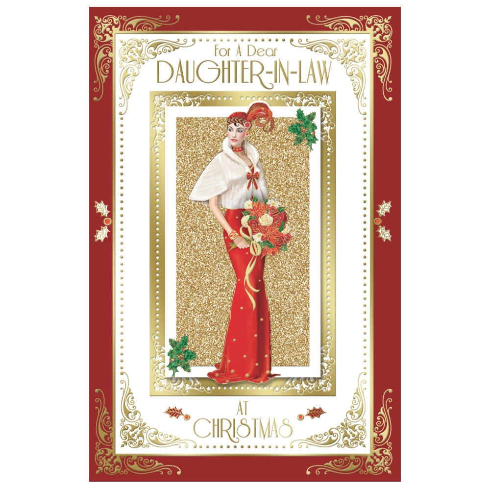 For Daughter In Law Elegant Woman Holding Flowers Design Christmas Card