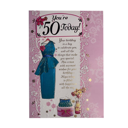 You Are 50 Today Blue Dress and Purse Design Open Female Birthday Card